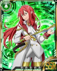 Rule 34 | 10s, 1boy, card (medium), character request, hair between eyes, holding, holding sword, holding weapon, long hair, male focus, pointy ears, red eyes, red hair, solo, star (symbol), sword, sword art online, uniform, weapon