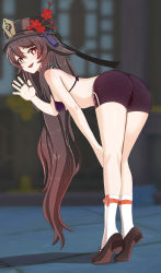 Rule 34 | 1girl, :d, aruman, ass, bad id, bad pixiv id, bent over, bike shorts, bikini, bikini top only, black nails, blurry, blurry background, breasts, brown bikini, brown footwear, brown hair, brown shorts, chinese commentary, commentary, flower, flower-shaped pupils, from side, genshin impact, hair between eyes, hand up, hat, highres, hu tao (genshin impact), jewelry, kneepits, long hair, looking at viewer, looking to the side, nail polish, open mouth, outdoors, plum blossoms, porkpie hat, red eyes, ring, shoes, shorts, small breasts, smile, socks, solo, swimsuit, symbol-shaped pupils, thighs, tiptoes, twintails, very long hair, waving, white socks