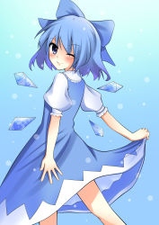 Rule 34 | 1girl, absurdres, bad id, bad pixiv id, blue eyes, blue hair, bow, cirno, female focus, gradient background, hair bow, highres, looking back, matching hair/eyes, one eye closed, sarekoube, short hair, solo, touhou, wings, wink