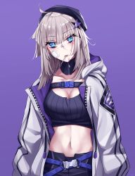 Rule 34 | 1girl, aa-12 (girls&#039; frontline), ahoge, bad id, bad pixiv id, baggy clothes, bags under eyes, bandaid, bandaid on face, bandaid on nose, black hat, black shorts, blue eyes, breasts, bruise, bruise on face, buckle, candy, choker, cleavage, clothes pull, food, gauze, girls&#039; frontline, gloves, hair ornament, hat, head tilt, highres, hood, hood down, hooded jacket, injury, jacket, lollipop, long hair, looking at viewer, medium breasts, mouth hold, navel, open clothes, open jacket, open mouth, purple background, ribbed sweater, shorts, sidelocks, signature, silver hair, simple background, snap-fit buckle, solo, star (symbol), star hair ornament, stomach, strap, sweater, sweater pull, sweater vest, yp7 (vvy)
