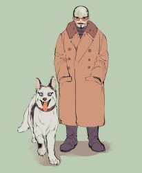 Rule 34 | 1boy, animalization, black footwear, black hair, black jacket, boots, brown coat, closed mouth, coat, commentary request, dog, facial hair, forehead protector, full body, fur-trimmed coat, fur trim, goatee, golden kamuy, green background, hands in pockets, highres, husky, jacket, long sleeves, looking at viewer, male focus, mustache, osakanaman 7, scar, scar on face, short hair, simple background, solo, standing, tongue, tongue out, tsurumi tokushirou, very short hair