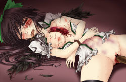 Rule 34 | 1girl, bar censor, bdsm, beaten, blood, bondage, bound, bound arms, breasts, brown hair, bruise, censored, defloration, ero guro, feathers, guro, hair ribbon, injury, lying, needle, nipples, no panties, pain, penis, rape, reiuji utsuho, restrained, ribbon, rope, sex, shimo (depthbomb), solo, solo focus, spread legs, tears, torture, touhou, vaginal, vomit, wings