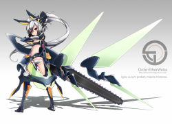 Rule 34 | 1girl, :&lt;, animal ears, ass, bad id, bad pixiv id, boots, cable, chainsaw, fake animal ears, from behind, hosato mikine, latin text, long hair, looking back, mecha musume, original, panties, ponytail, red eyes, shadow, silver hair, simple background, solo, sword, thigh boots, thighhighs, underwear, very long hair, weapon, white panties, wings