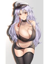 Rule 34 | 1girl, arm behind back, azur lane, bare shoulders, black bra, black shorts, black tank top, black thighhighs, blush, bra, bra strap, breasts, cleavage, collarbone, commentary request, detached collar, feet out of frame, fingernails, hand on back, hand on own chest, large breasts, long hair, looking at viewer, mole, mole on breast, multicolored hair, nail polish, navel, official alternate costume, pigeon (wejil), red eyes, shorts, silver hair, solo, standing, tallinn (azur lane), tallinn (nostalgic pilsner) (azur lane), tank top, thighhighs, underwear, white background, white headwear