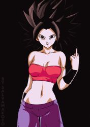 Rule 34 | 10s, 1girl, absurdres, black eyes, black hair, breasts, caulifla, dragon ball, dragon ball super, highres, looking at viewer, medium breasts, middle finger, midriff, navel, pants, solo, spiked hair, tube top