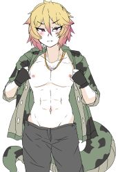 Rule 34 | 1boy, abs, african rock python (kemono friends), animal print, black gloves, black pants, blonde hair, blush, closed mouth, cowboy shot, fangs, fangs out, fingerless gloves, genderswap, genderswap (ftm), gloves, groin, hair between eyes, half-closed eyes, hands up, highres, hood, hood down, hooded jacket, jacket, jewelry, kemono friends, looking at viewer, male focus, multicolored hair, nanoder, navel, necklace, nipples, open clothes, open jacket, pale skin, pants, pink hair, print jacket, purple eyes, short hair, sketch, snake print, snake tail, solo, stomach, tail, toned, toned male, two-tone hair, v-shaped eyebrows