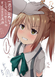 Rule 34 | 10s, 1girl, admiral (kancolle), ascot, blush, brown hair, clenched teeth, double bun, from above, gloves, hair bun, head pat, headpat, kantai collection, michishio (kancolle), school uniform, short hair, simple background, solo focus, suspenders, tai (nazutai), tears, teeth, translation request, trembling, white gloves, yellow eyes