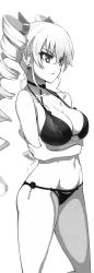 Rule 34 | 10s, 1girl, bikini, breast hold, breasts, choker, claire harvey, cleavage, cowboy shot, crossed arms, drill hair, earrings, from side, greyscale, groin, hair between eyes, hair ornament, highres, hundred (light novel), jewelry, large breasts, long hair, looking to the side, monochrome, navel, official art, ookuma nekosuke, open mouth, scan, sidelocks, simple background, solo, standing, string bikini, swimsuit, thighs, tsurime, twin drills, very long hair, white background