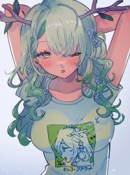 Rule 34 | 1girl, absurdres, antlers, arms behind head, blush, breasts, ceres fauna, character name, collarbone, flower, green hair, hair between eyes, hair flower, hair ornament, highres, hololive, hololive english, horns, kokomi (aniesuakkaman), leaf, long hair, looking at viewer, medium breasts, mole, mole under eye, one eye closed, open mouth, shirt, simple background, solo, t-shirt, translated, upper body, virtual youtuber, white background, yellow eyes