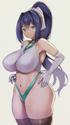 Rule 34 | bare shoulders, blue hair, breasts, choker, closed mouth, covered erect nipples, cowboy shot, crop top, curvy, elbow gloves, gloves, green eyes, green gym girl (nagase haruhito), green panties, hair between eyes, hair intakes, highleg, highleg panties, huge breasts, impossible clothes, impossible shirt, long hair, nagase haruhito, navel, original, paid reward available, panties, ponytail, shirt, sideboob, simple background, strap pull, thighhighs, underwear, v-neck
