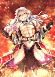Rule 34 | 1girl, abs, absurdres, bandeau, bare shoulders, belt, black gloves, black sclera, blue ribbon, blunt bangs, breasts, brown belt, cape, claw (weapon), clenched hands, clenched teeth, colored sclera, commentary request, elbow gloves, fate/grand order, fate (series), fingerless gloves, floating hair, fur-trimmed cape, fur trim, gloves, grey hair, hair ribbon, head tilt, highres, huge filesize, kuromu, legs apart, long hair, looking at viewer, medium breasts, penthesilea (fate), purple thighhighs, red cape, ribbon, scabbard, serious, sheath, sheathed, sidelocks, solo, sparks, standing, sword, teeth, thighhighs, toned, underboob, waist cape, weapon, wing collar, yellow eyes