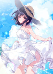 Rule 34 | 1girl, :d, bare arms, bare shoulders, black hair, breasts, cloud, cloudy sky, collarbone, commentary, cowboy shot, day, dress, floating hair, from side, grin, hat, highres, looking at viewer, looking to the side, medium breasts, medium hair, open mouth, original, outdoors, purple eyes, skirt hold, sky, sleeveless, sleeveless dress, smile, solo, strap gap, straw hat, sun hat, sundress, tareme, teeth, thighs, u35, water drop, wind
