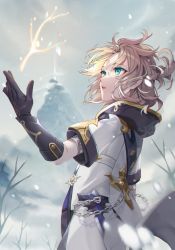 Rule 34 | 1boy, albedo (genshin impact), aqua eyes, bare tree, black gloves, blonde hair, blush, branch, chain, cloud, cloudy sky, coat, commentary request, elbow gloves, eyelashes, floating, floating hair, floating object, genshin impact, gloves, gold trim, hand up, highres, hood, hood down, hooded coat, looking to the side, looking up, male focus, medium hair, mountain, open mouth, outdoors, parted bangs, ponytail, rin gotarou, short ponytail, short sleeves, sidelocks, sky, snow, snowing, solo, standing, tree, white coat