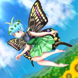 Rule 34 | 1girl, antennae, aqua hair, bad anatomy, barefoot, blush, butterfly wings, closed mouth, dress, eternity larva, fairy, flower, green dress, hair between eyes, highres, insect wings, kyabekko, leaf, leaf on head, multicolored clothes, multicolored dress, red eyes, short hair, short sleeves, smile, solo, sunflower, touhou, wings, yellow flower