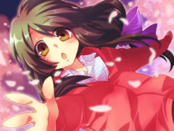 Rule 34 | 00s, 1girl, :o, bow, brown eyes, clannad, grey hair, hair bow, ibuki fuuko, jacket, open mouth, outstretched arms, outstretched hand, petals, reaching, reaching towards viewer, satomi yoshitaka, solo