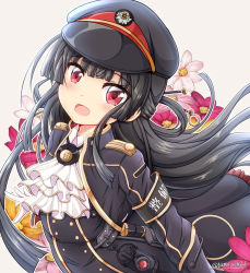 Rule 34 | 1girl, armband, ascot, black hair, black hat, blush, commentary request, flower, hachiroku (maitetsu), hair ornament, hair stick, hat, highres, long hair, looking at viewer, maitetsu, open mouth, peaked cap, red eyes, smile, solo, tamayan, upper body