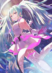 Rule 34 | 1girl, absurdres, arm tattoo, azaka (pipponao), blue eyes, blue hair, dress, earrings, floating hair, gloves, grin, hair between eyes, hatsune miku, highres, jewelry, long hair, looking at viewer, looking down, short dress, smile, solo, standing, standing on one leg, star (sky), tattoo, thighhighs, twintails, very long hair, vocaloid, white dress, white gloves, white thighhighs, zettai ryouiki