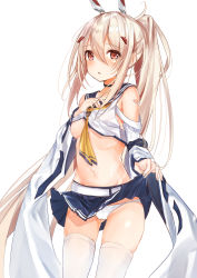 Rule 34 | 1girl, areola slip, ayanami (azur lane), azur lane, bandaid, bandaid on arm, bare shoulders, black choker, blue sailor collar, blue skirt, blush, breasts, choker, clothes lift, commentary request, crop top, detached sleeves, hair between eyes, lifted by self, long hair, long sleeves, looking at viewer, midriff, navel, neckerchief, no name nonem, panties, pantyshot, platinum blonde hair, pleated skirt, ponytail, red eyes, retrofit (azur lane), sailor collar, shirt, shirt lift, sidelocks, skirt, skirt lift, small breasts, solo, standing, stomach, thighhighs, underwear, very long hair, white panties, white shirt, white thighhighs, wide sleeves, yellow neckerchief