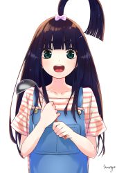 Rule 34 | 1girl, :d, ahoge, artist name, black hair, blunt bangs, bow, collarbone, go-toubun no hanayome, green eyes, hair bow, highres, holding, holding ladle, huge ahoge, ladle, long hair, looking at viewer, masaya (masapari88), open mouth, overalls, pink bow, shirt, short sleeves, simple background, smile, striped clothes, striped shirt, uesugi raiha, upper body, white background