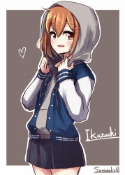 Rule 34 | 1girl, alternate costume, black skirt, brown eyes, brown hair, character name, grey background, grey sweater, hair ornament, hairclip, highres, hood, hooded sweater, hoodie, ikazuchi (kancolle), jacket, kantai collection, letterman jacket, looking at viewer, parted lips, pleated skirt, short hair, skirt, solo, soramuko, standing, sweater, twitter username, two-tone background