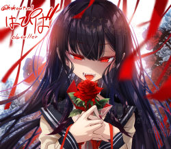 Rule 34 | 1girl, :3, artist name, black hair, blue sailor collar, blurry, blurry foreground, blush, borrowed character, brown shirt, bush, cluseller, commission, cropped, female focus, flat chest, flower, half-closed eyes, hands up, happy, holding, holding flower, japanese text, light blush, long hair, long sleeves, looking at viewer, nail polish, neckerchief, open mouth, original, own hands together, red eyes, red flower, red nails, red neckerchief, red rose, rose, sailor collar, sample watermark, school uniform, serafuku, sharp teeth, shirt, slit pupils, smile, solo, straight-on, streamers, teeth, tongue, translation request, upper body, watermark