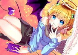 Rule 34 | 1girl, ahoge, angel wings, asymmetrical wings, black skirt, blonde hair, blue eyes, blue sweater, blunt bangs, blush, bracelet, cellphone, demon tail, demon wings, dyna (d4), earrings, feathered wings, halo, highres, hoop earrings, horns, jewelry, looking at viewer, mem-cho, multicolored hair, off-shoulder sweater, off shoulder, oshi no ko, phone, pink nails, purple horns, roots (hair), short hair, skirt, smartphone, smile, solo, sweater, tail, v over mouth, wings