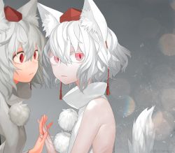Rule 34 | 2girls, albino, animal ears, bad id, bad pixiv id, cinkai, colored eyelashes, dated, gradient background, hat, holding hands, inubashiri momiji, looking at another, looking at viewer, multiple girls, multiple persona, pale skin, pom pom (clothes), red eyes, short hair, string, tail, tokin hat, touhou, turtleneck, twitter username, upper body, white hair, wolf ears, wolf tail