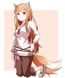 Rule 34 | &gt;:), 1girl, animal ear fluff, animal ears, arm at side, blunt bangs, blush, border, breasts, brown eyes, brown footwear, brown hair, brown pants, closed mouth, commentary, full body, hand on own hip, high heels, holo, jewelry, kneeling, light brown background, long hair, long sleeves, looking at viewer, necklace, no socks, pants, pumps, shirt, sidelocks, simple background, small breasts, smile, smug, solo, spice and wolf, straight hair, tail, tanuki noyama, v-shaped eyebrows, very long hair, white border, white shirt, wolf ears, wolf girl, wolf tail