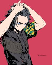 Rule 34 | 1boy, adjusting hair, arms up, black hair, blue eyes, buttons, clonion, closed mouth, dress shirt, hands on own head, highres, jewelry, kimetsu no yaiba, male focus, multicolored shirt, red background, ring, shirt, short sleeves, solo, spiked hair, tomioka giyuu