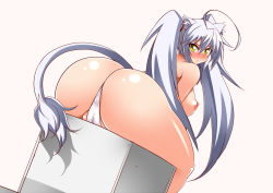 Rule 34 | 10s, 1girl, ahoge, alternate hairstyle, animal ears, ass, bare legs, blush, breasts, cameltoe, dog days, female focus, from behind, gabao (mattari 2019), huge ass, huge breasts, leonmitchelli galette des rois, lion ears, lion tail, long hair, long twintails, looking back, nipples, panties, silver hair, simple background, sitting, solo, tail, twintails, underwear, white panties, yellow eyes