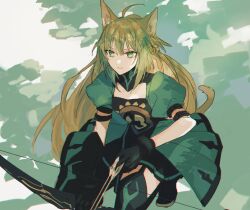 Rule 34 | 1girl, ahoge, animal ears, arm belt, arrow (projectile), atalanta (fate), black gloves, black thighhighs, blonde hair, bow (weapon), cat ears, cat tail, cleavage cutout, closed mouth, clothing cutout, dress, fate/apocrypha, fate (series), full body, garter straps, gloves, gradient hair, green background, green dress, green eyes, green hair, holding, holding bow (weapon), holding weapon, katagiri (mighty swing), long hair, looking ahead, multicolored hair, print dress, puffy short sleeves, puffy sleeves, short sleeves, solo, squatting, tail, thighhighs, weapon