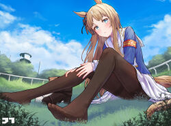 Rule 34 | 1girl, absurdres, animal ears, armband, artist logo, asymmetrical footwear, asymmetrical legwear, blue jacket, blush, boots, unworn boots, breath, brown pantyhose, cloud, commentary request, day, grass, grass wonder (umamusume), green eyes, highres, horse ears, horse girl, horse tail, jacket, jtleeklm, long hair, long sleeves, looking at viewer, mismatched footwear, mixed-language commentary, outdoors, pantyhose, parted lips, revision, sailor collar, sitting, skirt, solo, sweat, tail, thighband pantyhose, tree, umamusume, white skirt