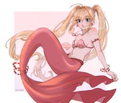 Rule 34 | 1girl, armlet, bare shoulders, bead bracelet, beads, blonde hair, blue eyes, border, bracelet, breasts, earrings, fins, fish tail, full body, hair between eyes, highres, itslopezz, jewelry, long hair, mermaid, mermaid melody pichi pichi pitch, midriff, monster girl, nanami lucia, navel, pink background, pink tail, shell, shell bikini, shell earrings, shell hair ornament, sidelocks, small breasts, solo, tail, twintails, twitter username, very long hair