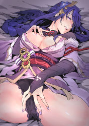 Rule 34 | 1girl, alpha-type, bed sheet, black panties, blunt bangs, braid, breasts, cleavage, flower, genshin impact, hair flower, hair ornament, half-closed eyes, hand on own chest, highres, japanese clothes, kimono, large breasts, long hair, looking at viewer, lying, mole, mole under eye, nail polish, on back, panties, parted lips, purple eyes, purple hair, purple kimono, purple nails, raiden shogun, solo, spread legs, underwear, vision (genshin impact)