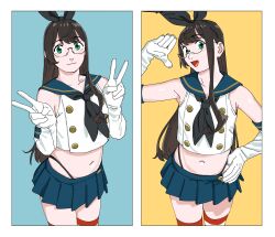Rule 34 | 1girl, animal ears, armpits, black hair, black neckerchief, blue background, blue skirt, border, breasts, buttons, commentary request, cosplay, cowboy shot, double-breasted, elbow gloves, fake animal ears, glasses, gloves, green eyes, hand on own hip, highres, kantai collection, long hair, midriff, multiple views, navel, neckerchief, ojipon, ooyodo (kancolle), pleated skirt, sailor collar, semi-rimless eyewear, shimakaze (kancolle), shimakaze (kancolle) (cosplay), simple background, skirt, small breasts, striped clothes, striped thighhighs, thighhighs, v, very long hair, vest, white border, white gloves, white vest, yellow background