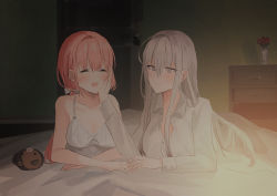 Rule 34 | 2girls, :d, ^ ^, bed, blush, bow, breasts, chest of drawers, chihuri, closed eyes, closed mouth, collared shirt, dress, dress shirt, flower, grey eyes, grey hair, hair between eyes, hair bow, hand on another&#039;s face, highres, indoors, long hair, long sleeves, lying, multiple girls, on stomach, open mouth, original, pink hair, red flower, red rose, rose, shirt, sleeveless, sleeveless shirt, small breasts, smile, stuffed animal, stuffed toy, teddy bear, under covers, vase, very long hair, white bow, white dress, white shirt, yana (chihuri), yuri, zoya petrovna vecheslova
