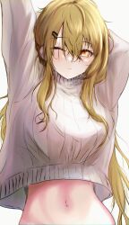 Rule 34 | 1girl, arm behind head, arms up, blush, breasts, closed mouth, commentary, e20 (79324944), english commentary, girls&#039; frontline, green pupils, hair between eyes, hair down, hair ornament, hairclip, highres, large breasts, light brown hair, light frown, long hair, long sleeves, looking at viewer, navel, one eye closed, red eyes, ribbed sweater, scar, scar across eye, simple background, solo, stomach, sweater, turtleneck, ump9 (girls&#039; frontline), upper body, very long hair, white background, white sweater