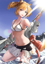 Rule 34 | 1girl, :d, animal ear fluff, animal ears, arknights, bare shoulders, bikini, bikini skirt, blonde hair, blue sky, breasts, brown eyes, caijidayisheng, chinese commentary, cleavage, commentary request, cowboy shot, hand up, head tilt, long sleeves, looking at viewer, medium breasts, miniskirt, navel, off shoulder, official alternate costume, open mouth, short hair, skirt, sky, smile, solo, sora (arknights), sora (summer flowers) (arknights), stomach, swimsuit, tail, thigh strap, thighs, twintails, white bikini, white skirt, wolf ears, wolf tail