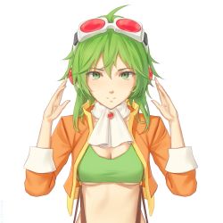 Rule 34 | 1girl, bad id, bad pixiv id, breasts, cleavage, collarbone, commentary, crop top, goggles, goggles on head, green eyes, green hair, gumi, headphones, highres, jacket, looking at viewer, medium breasts, miura-n315, neckerchief, open clothes, open jacket, orange jacket, simple background, smile, solo, suspenders, underboob, vocaloid, white background