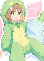Rule 34 | + +, 1girl, :o, blonde hair, brown hair, colored inner hair, commentary, dinosaur costume, fang, green eyes, highres, hood, hood up, long sleeves, looking at viewer, multicolored hair, oka asahi, onesie, onii-chan wa oshimai!, open mouth, pillow, simple background, sitting, solo, tail, tetesudeesu, two-tone hair, zipper pull tab