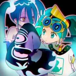 Rule 34 | adjusting eyewear, aqua eyes, aqua hair, creatures (company), game freak, ghost, ghost miku (project voltage), glitch, hair between eyes, hand on eyewear, hatsune miku, highres, long hair, matsuruchan, musical note, nintendo, normal miku (project voltage), pale skin, pokemon, project voltage, see-through, see-through skirt, shirt, skirt, sleeves past fingers, sleeves past wrists, sunglasses, twintails, very long hair, vocaloid, white shirt, will-o&#039;-the-wisp (mythology), yellow eyes