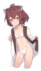 Rule 34 | 1girl, ahoge, bra, breasts, brown hair, commentary request, cropped legs, headgear, highres, japanese clothes, kimono, looking at viewer, navel, open clothes, open kimono, panties, red eyes, short hair, short kimono, simple background, small breasts, smile, solo, touhoku kiritan, underwear, voiceroid, white background, white bra, white kimono, white panties, yamamomo (plank)