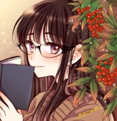 Rule 34 | 1girl, black-framed eyewear, black shirt, blush, book, brown background, brown hair, brown sweater, closed mouth, commentary, food, from side, fruit, glasses, glasses day, himawari-san, himawari-san (character), holding, holding book, leaf, light smile, long hair, looking at viewer, open book, portrait, purple eyes, rowan, shirt, signature, solo, sugano manami, sweater, turtleneck