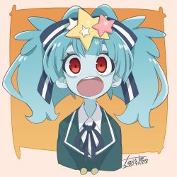 Rule 34 | 10s, 1girl, :o, blue hair, blue skin, bow, collared shirt, colored skin, commentary, dated, fanta (the banana pistols), female focus, hair bow, hair ornament, hair ribbon, highres, hoshikawa lily, looking at viewer, open mouth, orange background, portrait, red eyes, ribbon, school uniform, shirt, signature, solo, star (symbol), star hair ornament, striped, striped bow, teeth, thick eyebrows, twintails, upper teeth only, white shirt, wing collar, zombie, zombie land saga