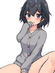 Rule 34 | 1girl, :q, absurdres, alternate costume, black hair, blush, bottomless, collarbone, convenient censoring, covering privates, covering crotch, grey shirt, hair between eyes, hand to own mouth, head wings, highres, kemono friends, long sleeves, looking at viewer, shiraha maru, shirt, short hair, simple background, sleeves past wrists, smile, solo, spread legs, superb bird-of-paradise (kemono friends), tongue, tongue out, white background, wings