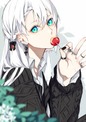 Rule 34 | 1girl, aqua eyes, black bow, black cardigan, black nails, blurry, blurry foreground, bow, candy, cardigan, collared shirt, depth of field, earrings, flower, food, hair bow, hand up, heart, highres, holding, holding candy, holding food, holding lollipop, jewelry, leaf, lollipop, long hair, long sleeves, looking at viewer, multiple earrings, multiple rings, nail polish, original, piercing, plant, ring, shadow, shirt, solo, star (symbol), twitter username, upper body, white background, white flower, white hair, white shirt, yagi (shiro yagi)