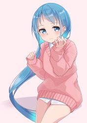 Rule 34 | 1girl, absurdres, blue eyes, blue hair, commentary request, cowboy shot, dress shirt, gradient hair, highres, kantai collection, long hair, looking at viewer, multicolored hair, pink sweater, samidare (kancolle), shirt, sitting, solo, sweater, swept bangs, uut, very long hair, white shirt