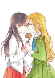 Rule 34 | 2girls, akitoki (syokuhi), ascot, bad id, bad pixiv id, blonde hair, blush, brown hair, couple, dress, dress shirt, face-to-face, flower, forehead-to-forehead, green dress, green eyes, heads together, holding hands, ib (ib), ib (kouri), kyoto bsaa, kyouto (kyoto bsaa), long hair, mary (ib), multiple girls, profile, red eyes, rose, shirt, simple background, skirt, white background, yuri