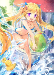 Rule 34 | 1girl, ball, beachball, bikini, blonde hair, breasts, cleavage, full body, hair ornament, hair ribbon, hairclip, jewelry, jin young-in, long hair, looking at viewer, necklace, open mouth, original, purple eyes, ribbon, rubber duck, side-tie bikini bottom, solo, splashing, swimsuit, twintails, untied bikini, very long hair, water