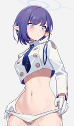 Rule 34 | 1girl, airseal, aoi (blue archive), blue archive, blue eyes, blue hair, blue necktie, cropped jacket, gloves, grey background, halo, highres, jacket, looking at viewer, mole, mole under eye, navel, necktie, panties, pointy ears, short hair, simple background, stomach, underwear, white gloves, white jacket, white panties